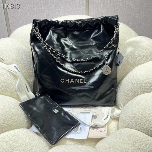 CHANEL 22 BORSA A MANO Pelle di vitello lucida metallo tono argento AS3262 nero