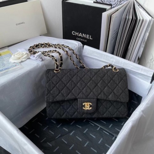 BORSA A MANO CLASSICA CHANEL Denim stampato Metallo tono oro 1112 NERO