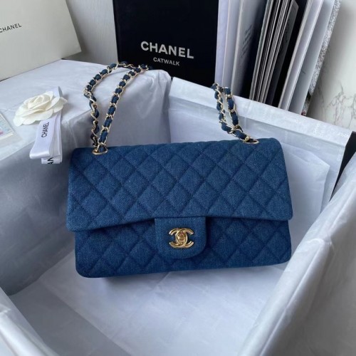 BORSA A MANO CLASSICA CHANEL Denim stampato Metallo tono oro 1112 BLU