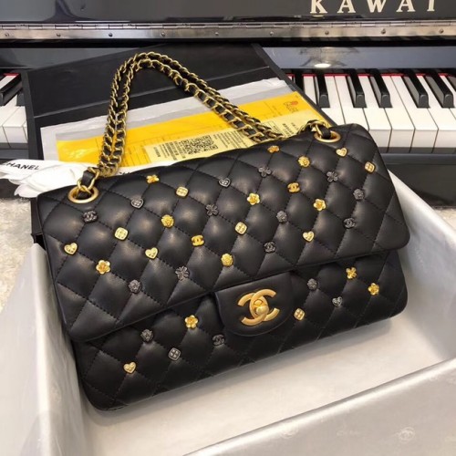 Borsa classica CHANEL Pelle di agnello Metallo finitura rutenio dorato A01112 Nero