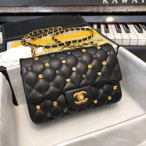 Borsa classica CHANEL Pelle di agnello Metallo finitura rutenio dorato A01116 Nero