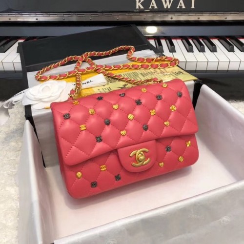 Borsa classica CHANEL Pelle di agnello Metallo finitura rutenio dorato A01116 rosso