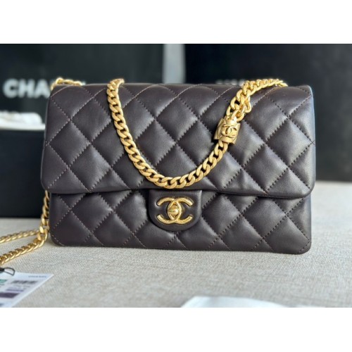 BORSA CHANEL CON PATTA Pelle di agnello in metallo dorato AS3609 nero