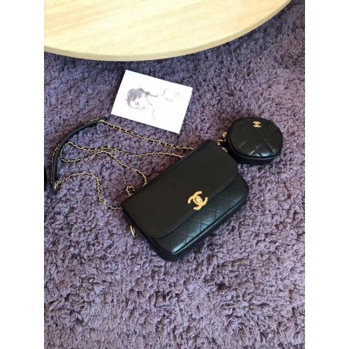 Borsa con patta CHANEL Pelle di agnello e metallo effetto dorato AS1094 nera