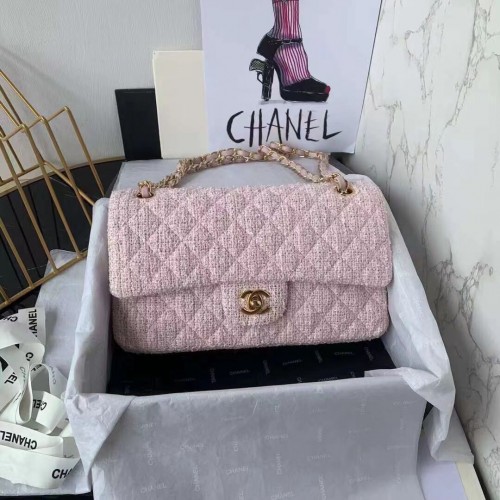 Borsa con patta CHANEL MEDIUM Pelle di vitello intrecciata tweed Metallo tonalità oro 1112 rosa