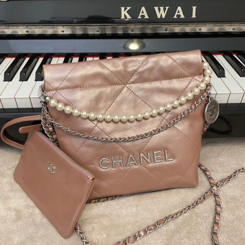 CHANEL MINI 22 BORSA A MANO Pelle di vitello metallizzata Silver Metal AS3989 ROSA