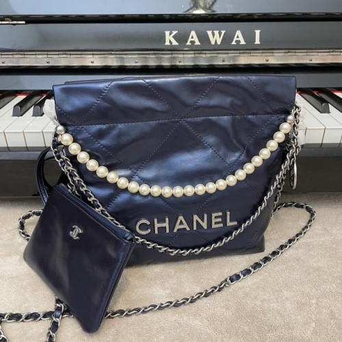 CHANEL MINI 22 BORSA A MANO Pelle di vitello metallizzata Silver Metal AS3989 Blu reale