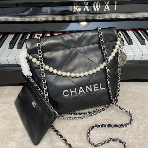 CHANEL MINI 22 BORSA A MANO Pelle di vitello metallizzata Silver Metal AS3989 nera