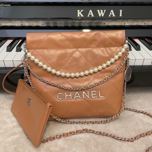 BORSA A MANO CHANEL MINI 22 Pelle di vitello metallizzata Silver Metal AS3989 marrone