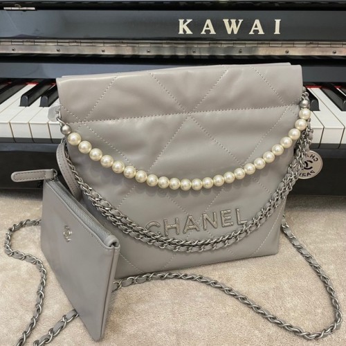 BORSA A MANO CHANEL MINI 22 Pelle di vitello metallizzata Silver Metal AS3989 grigio