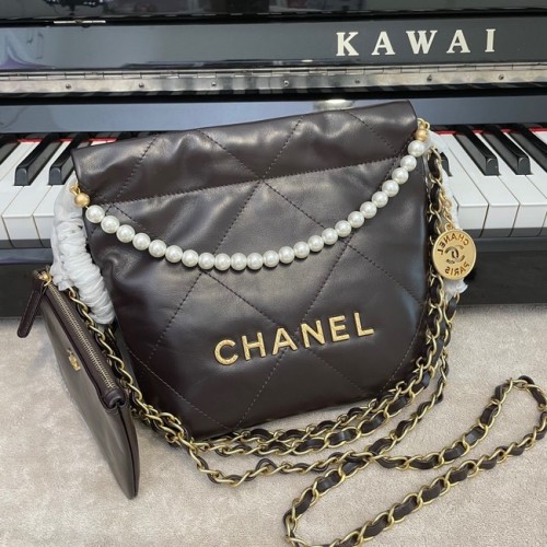 BORSA A MANO CHANEL MINI 22 Pelle di vitello metallizzata oro Metallo AS3989 Caffè