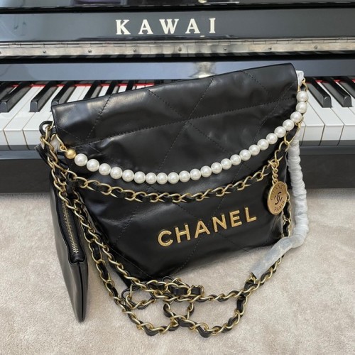 CHANEL MINI 22 BORSA A MANO Pelle di vitello metallizzata oro Metallo AS3989 nero