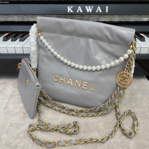 BORSA A MANO CHANEL MINI 22 Pelle di vitello metallizzata oro Metallo AS3989 grigio