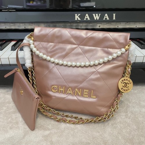 BORSA A MANO CHANEL MINI 22 Pelle di vitello metallizzata oro Metal AS3989 rosa