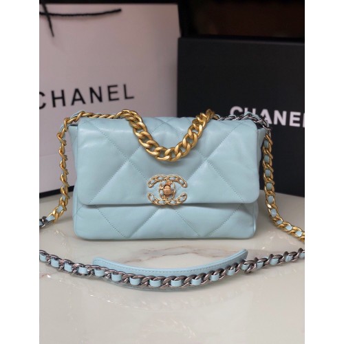 Borsa CHANEL originale in pelle di agnello 19 con patta AS1160 AS1161 blu chiaro