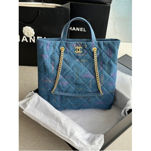 CHANEL Denim stampato metallo color oro AS3136 blu