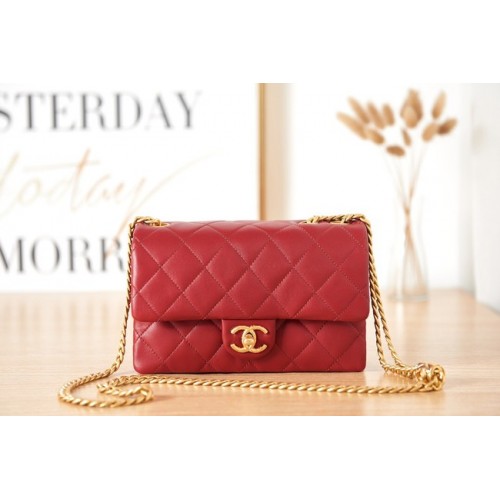 BORSA CHANEL PICCOLA CON PATTA Pelle di agnello in metallo dorato AS3393 rosso