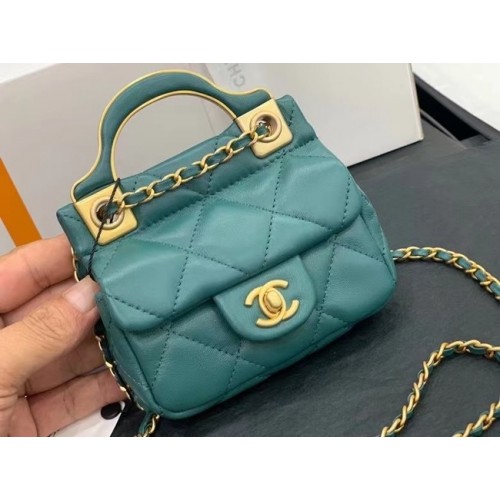 Portafoglio CHANEL micro mini con manico superiore e catena AP2271 blu
