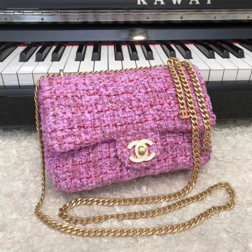 CHANEL Pelle di vitello intrecciata tweed Metallo tonalità oro AS3114 prugna