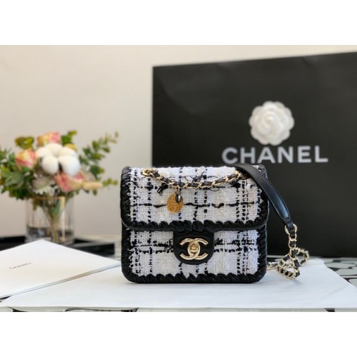 CHANEL Pelle di vitello intrecciata tweed Metallo tonalità oro AS6075 nero