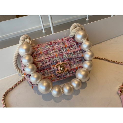 CHANEL Pelle di montone intrecciata tweed Metallo tonalità oro AS0593 rosa