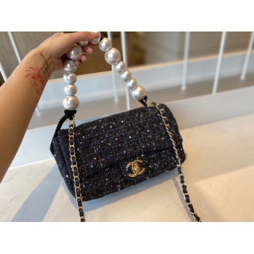 CHANEL Pelle di montone intrecciata tweed Metallo tono oro AS0594 nero