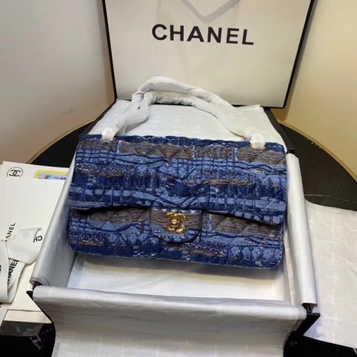 CHANEL Pelle di vitello tweed - Metallo tono oro AS1112 blu