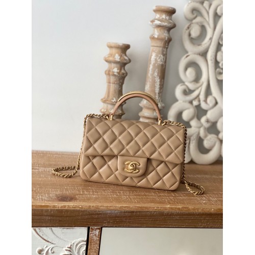 Mini borsa con patta CHANEL 22B con manico superiore in hardware dorato AS2431 Khaki