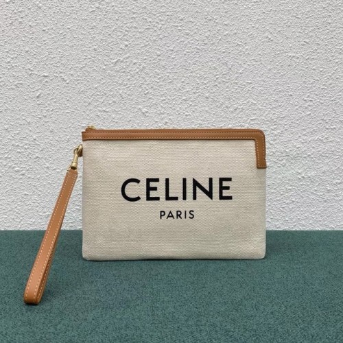 Celine POCHETTE GRANDE IN COTONE STAMPA CELINE E PELLE DI VITELLO 100672 MARRONE