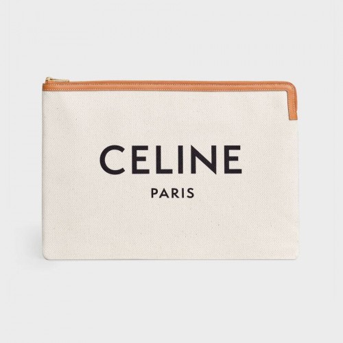 Celine POCHETTE GRANDE IN COTONE STAMPA CELINE E PELLE DI VITELLO 10B802B MARRONE