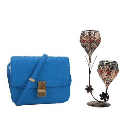 Borsa Celine Classic Box piccola con patta in pelle liscia 11042 blu