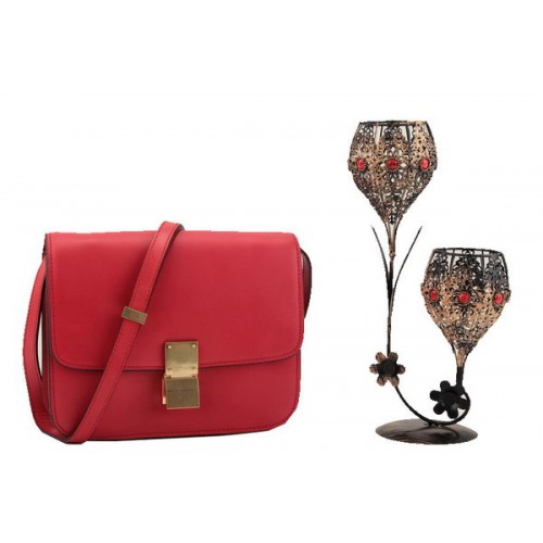 Borsa Celine Classic Box piccola con patta in pelle liscia 11042 rosso scuro