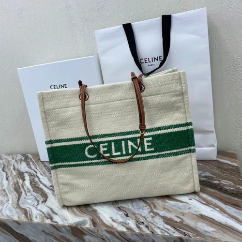 Celine SQUARED CABAS CELINE IN TESSUTO PLEIN SOLEIL E PELLE DI VITELLO 192172 GREEN&TAN