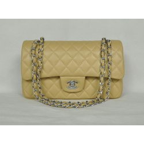 Borsa classica con patta Chanel 1112 Hardware argento in pelle albicocca