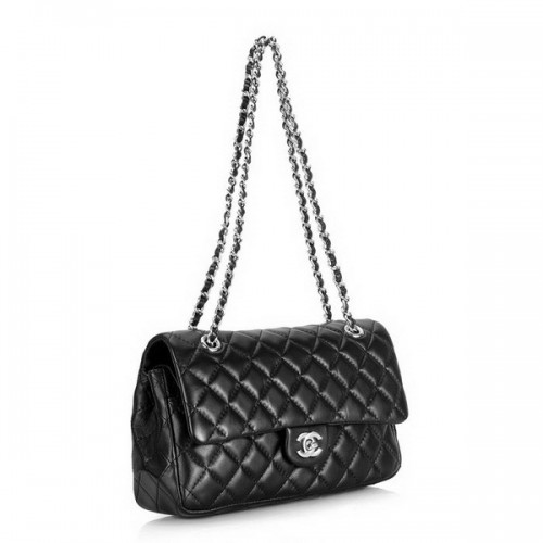 Borsa con patta Chanel 2.55 serie classica 1112 Hardware argento in pelle nera