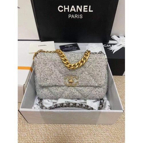 Borsa con patta Chanel 19 Tweed AS1160 Grigio