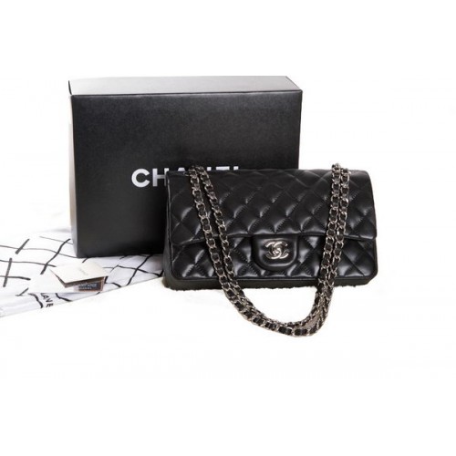 Chanel Borsa con patta classica in pelle nera originale serie 2.55 A01112 argento