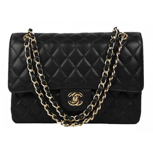 Borsa con patta in pelle di caviale Chanel serie 2.55 A01112 nera dorata