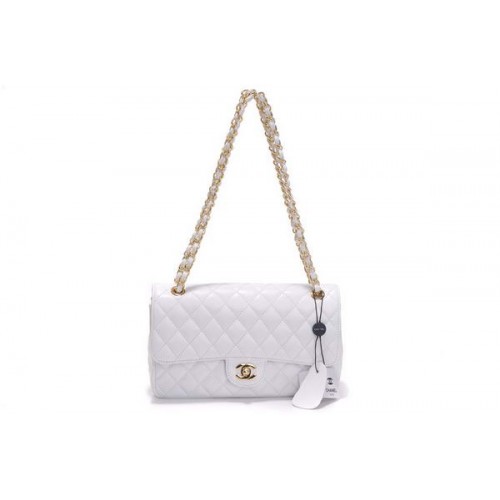 Economici Chanel 2.55 Series Flap Bag 1112 Pelle verniciata bianca Hardware dorato
