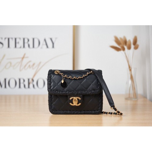 Chanel 22C New Woven Piping Square Borsa in pelle originale AS2495 nera