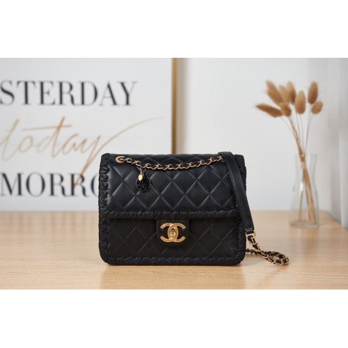 Chanel 22C New Woven Piping Square Borsa in pelle originale AS2496 nera