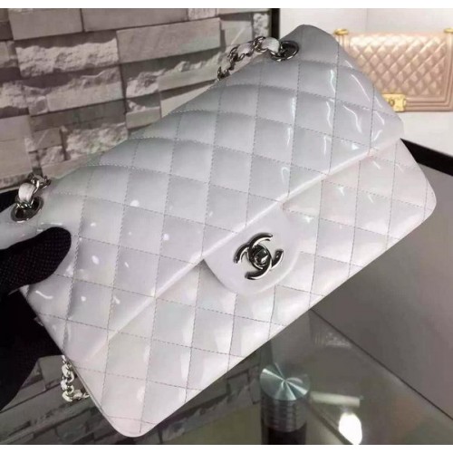 Chanel Borsa a doppia patta serie 2.55 bianca pelle verniciata originale CF7024 argento