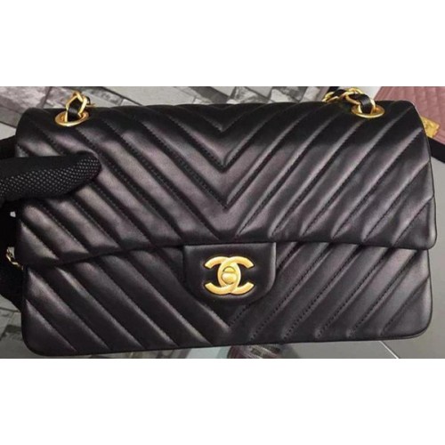 Chanel Borsa con patta serie 2.55 Pelle di agnello nera Chevron A5023 Oro