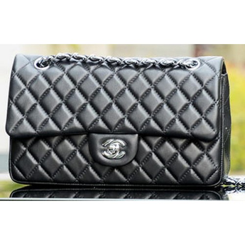 Chanel Borsa con patta serie 2.55 Pelle di montone nera A37586 Argento