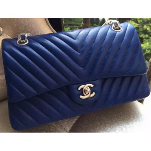 Chanel Borsa con patta serie 2.55 Pelle di agnello blu Chevron A01112 Argento