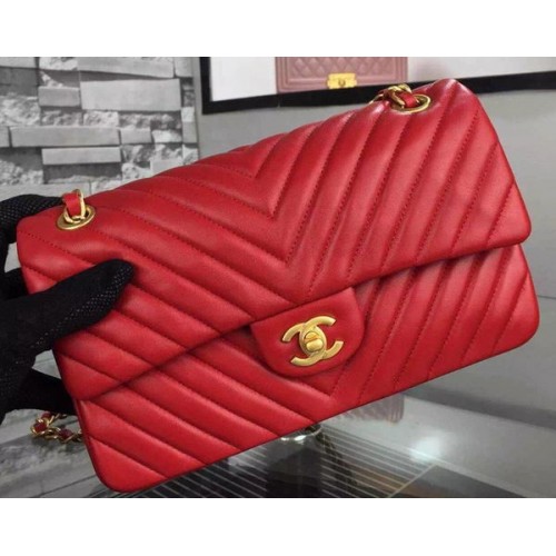 Chanel Borsa con patta serie 2.55 Pelle di agnello rossa Chevron A5023 Oro