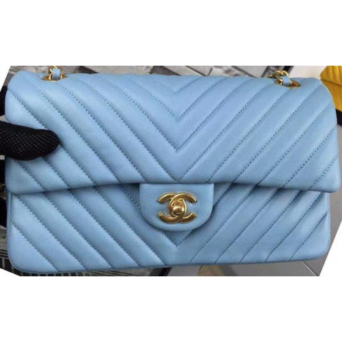 Chanel Borsa con patta serie 2.55 SkyBlue Pelle di agnello Chevron A5023 Oro
