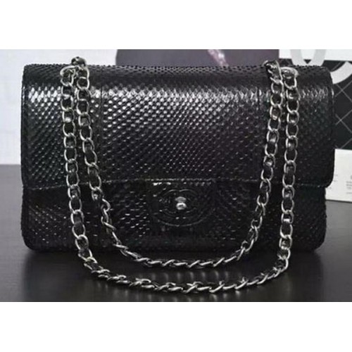 Borse con patta Chanel serie 2.55 in pelle di serpente originale nera A1112SA argento