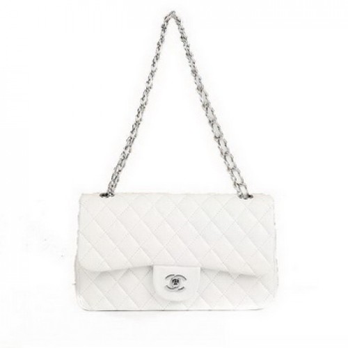 Chanel Borsa con patta serie 2.55 A01112 Hardware argento in pelle bianca