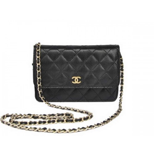 New Cheap Chanel A33814 Borsa con patta in pelle a grana nera oro